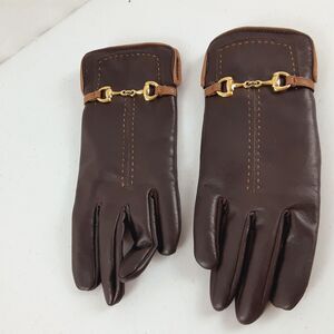 Vintage Faux Leather Womens Large Brown Gloves with Gold Bit Accent Sz 8-8.5